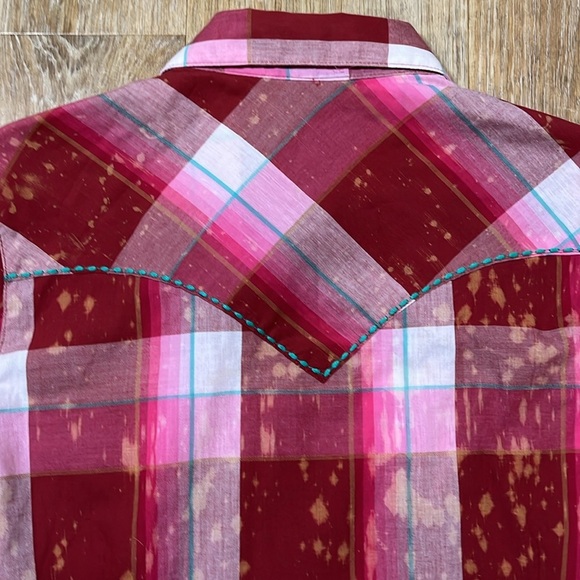 Wrangler EUC Pearl Snap Button Front Long Sleeve Western Shirt Pink Plaid Medium - Picture 7 of 11